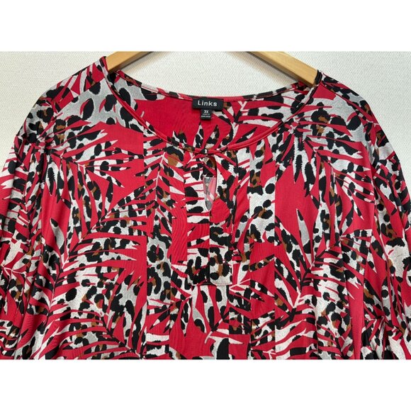 Links Womens Tunic Blouse Top Plus Size 3X Red Animal Print 3/4 Sleeves Retro - Picture 6 of 13